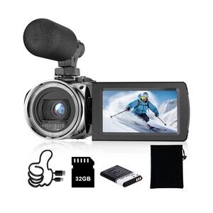Video Camera FHD 4K 48MP Recorder 32G SD Card Vlogging Camcorder Ext Microphone